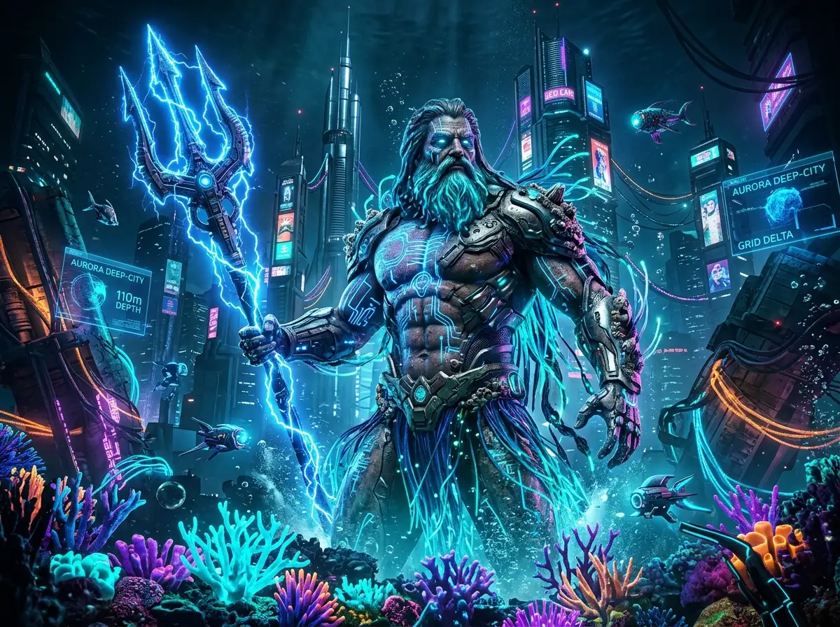 Cyberpunk Poseidon in Neon-Unterwelt