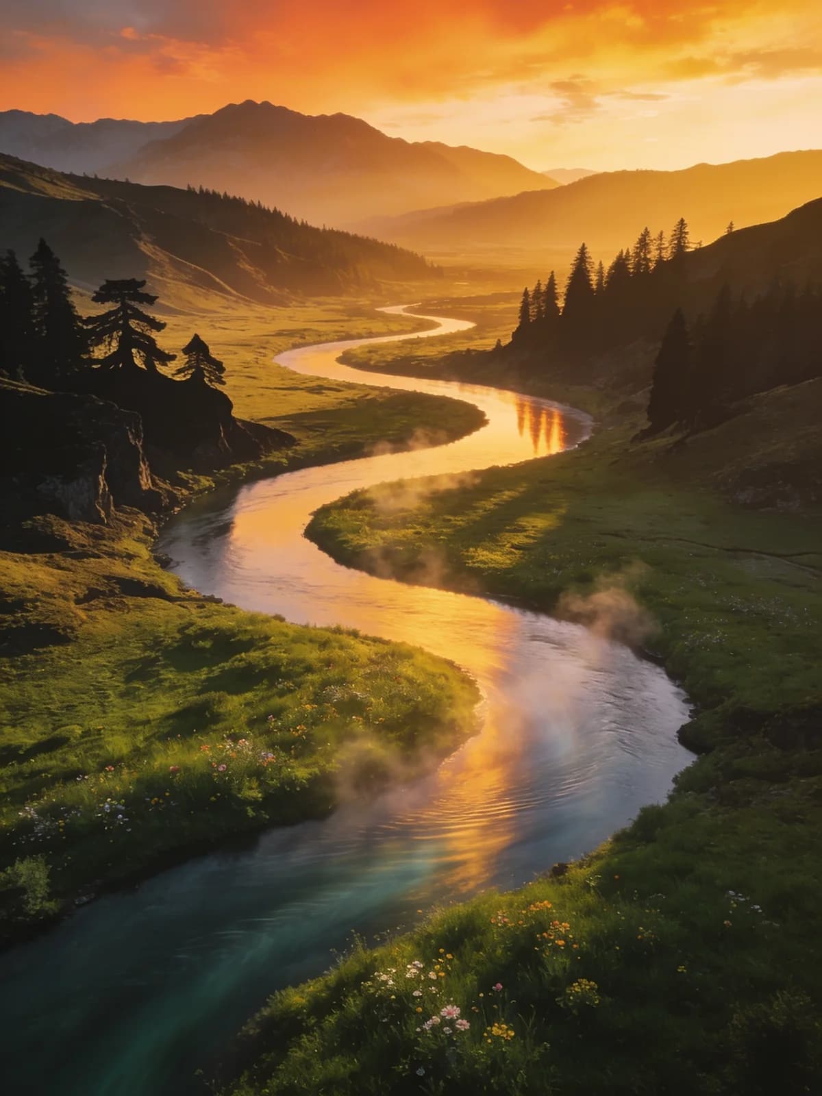 Mäandernder Fluss im goldenen Abendlicht